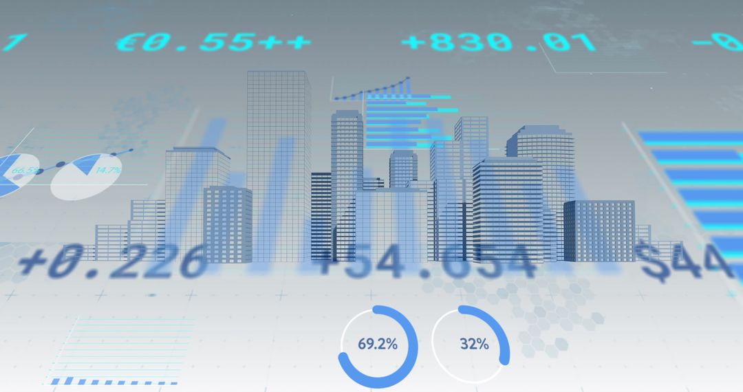 Futuristic Digital Data Overlaid on 3D Cityscape