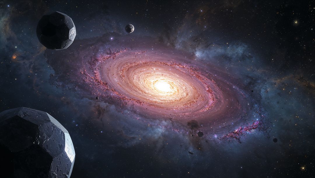 Vibrant Spiral Galaxy Surrounded by Drifting Asteroids in Deep Space