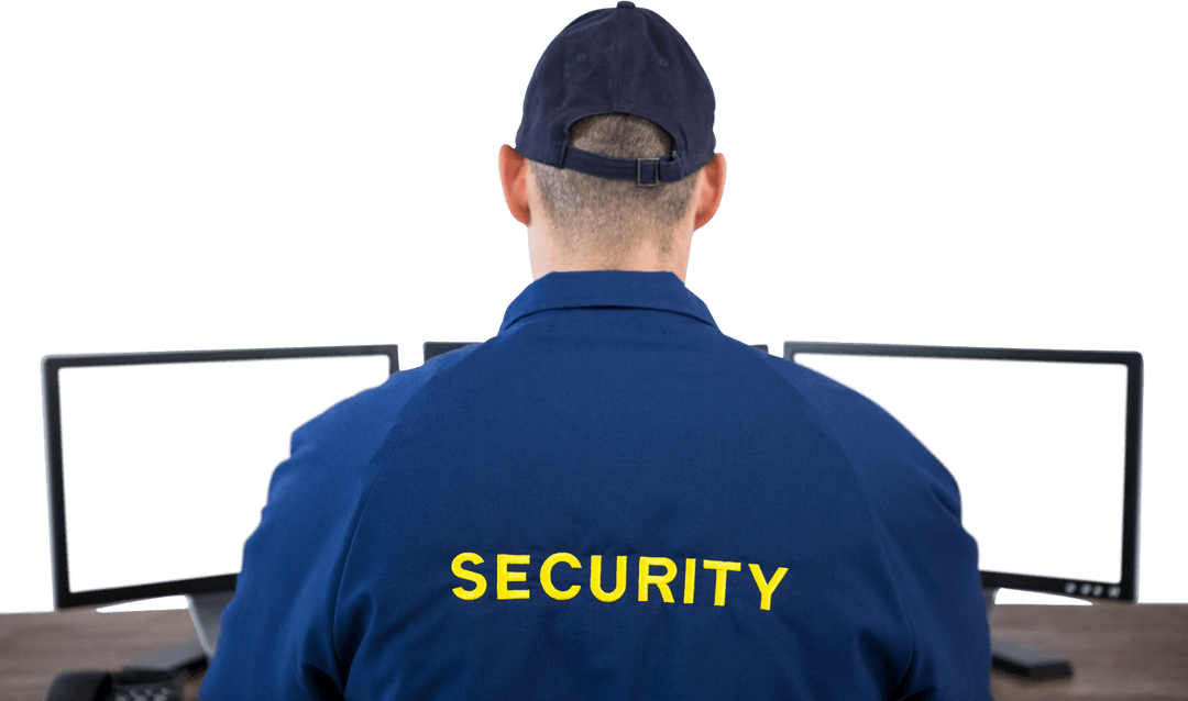 Transparent Security Officer Monitoring Screens from Behind