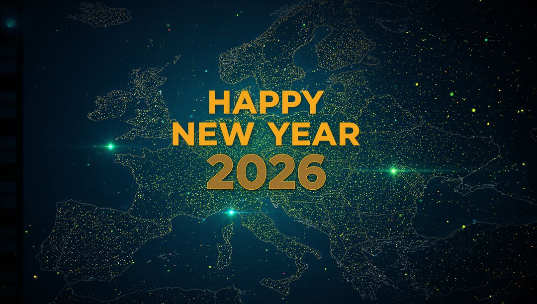 Golden Happy New Year 2026 Over Digital Europe Map With Neon Network Lights