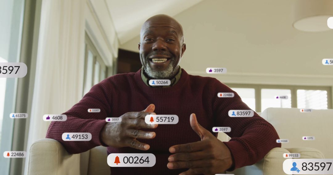 Man Gesturing from Sofa with Social Media Icons Surrounding