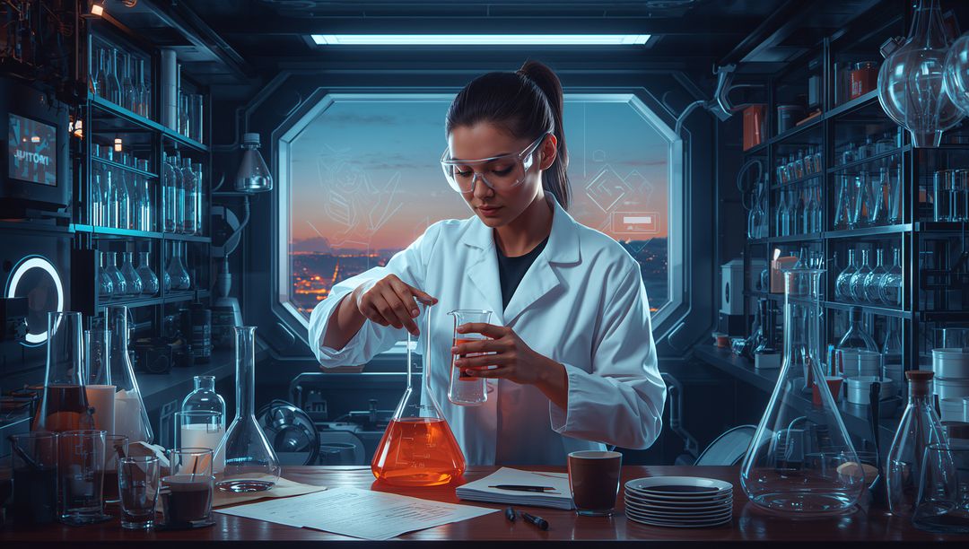 Female Scientist Pouring Orange Solution Between Flasks in High-Tech Lab at Dusk