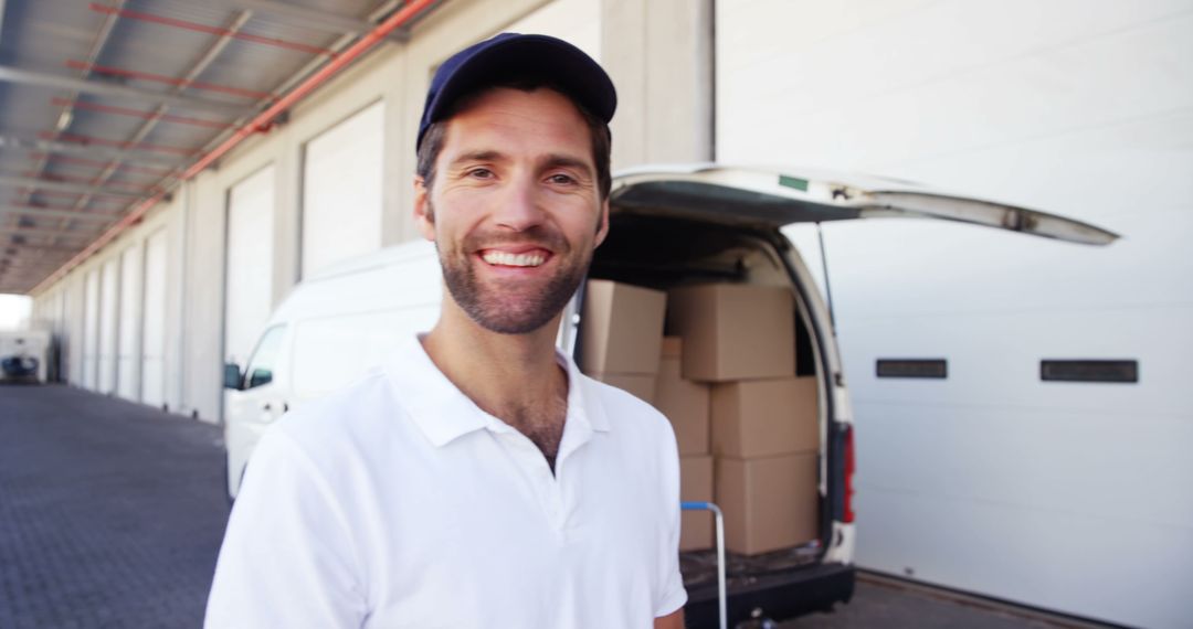 Delivery driver smiling next to van with open rear door - Free Images, Stock Photos and Pictures on Pikwizard.com