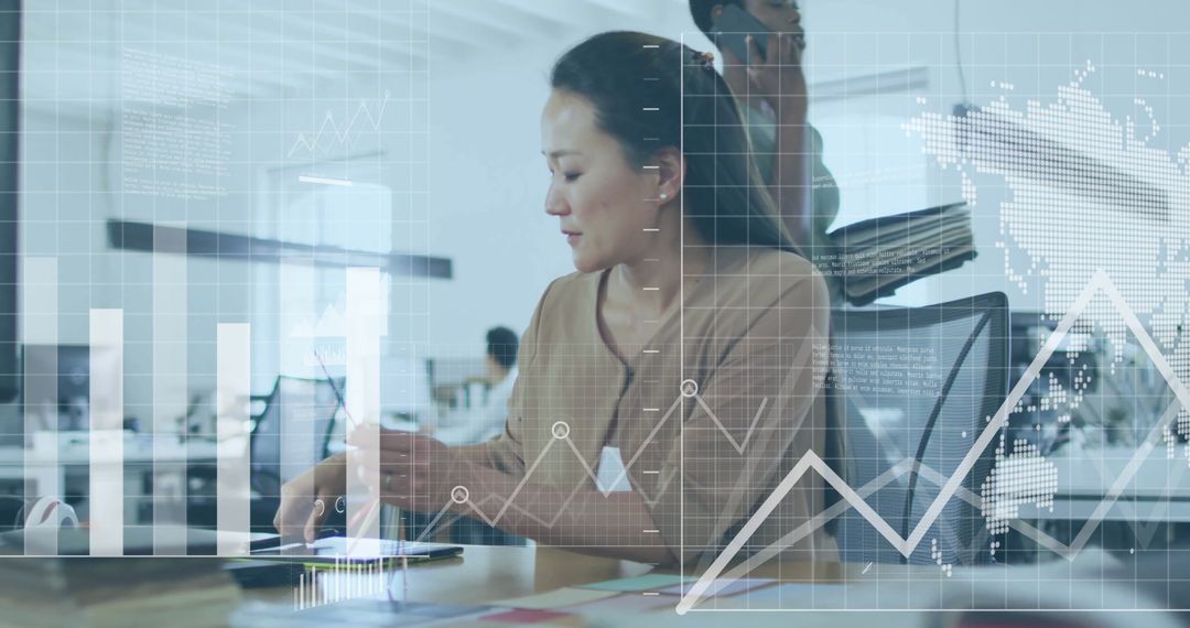 Professional Woman Analyzing Digital Data in Modern Office Environment