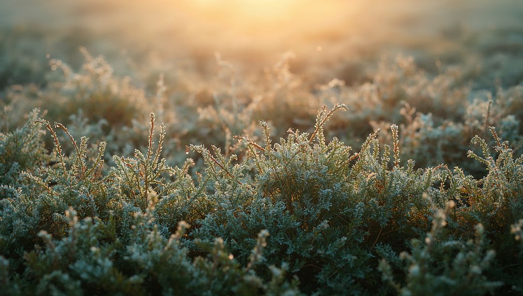 Backlit Frosted Shrubs at Dawn with Glistening Dew and Warm Rim Light