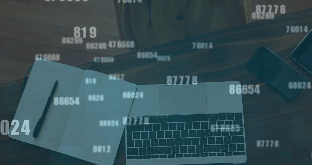 Numbers Overlay on Office Desk with Laptop and Notebook