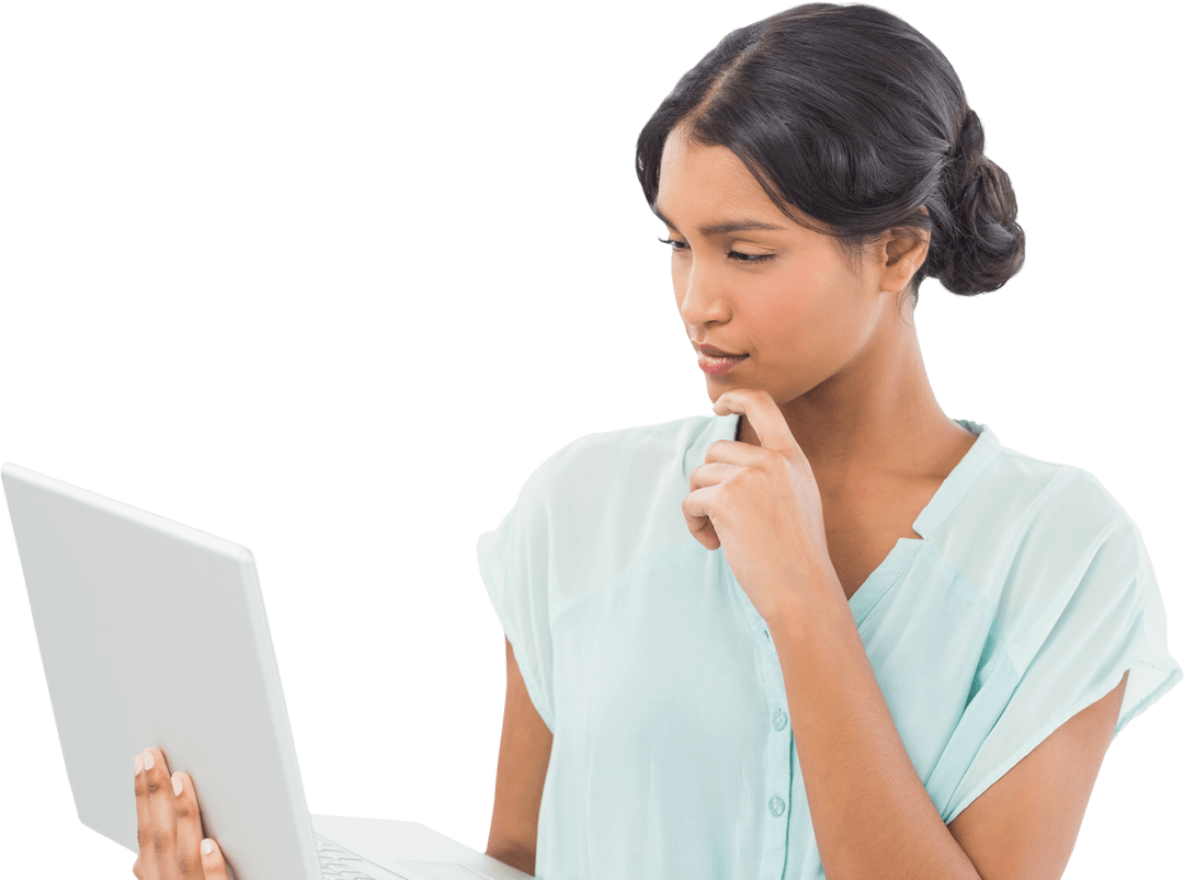 Thoughtful Woman Using Laptop on Transparent Background