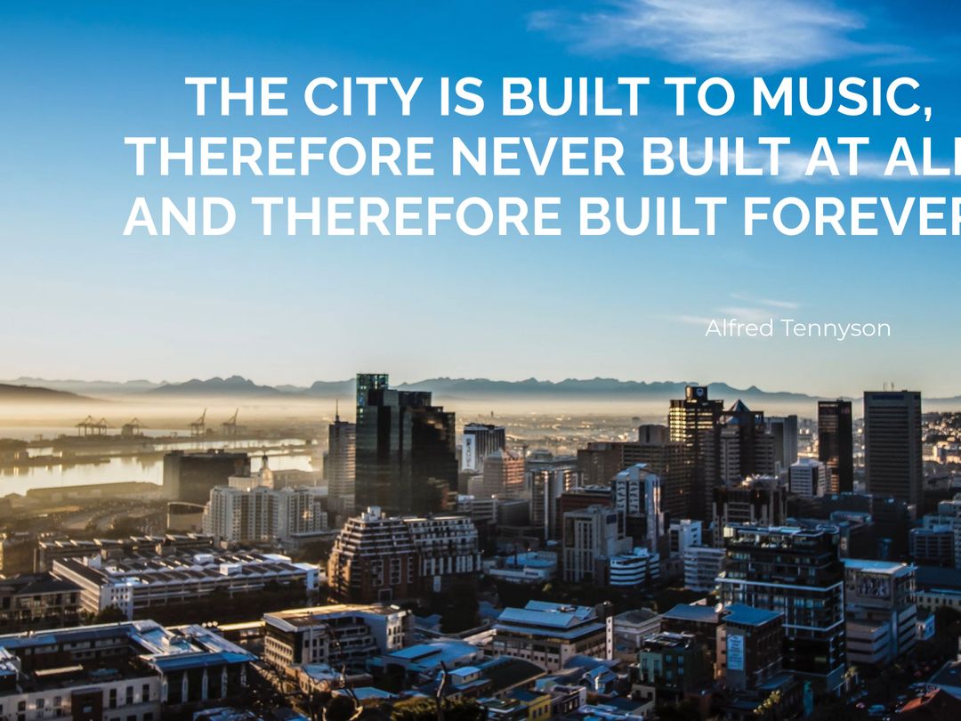 City Skyline at Sunrise with Motivational Quote on Music and Architecture - Download Free Stock Templates Pikwizard.com