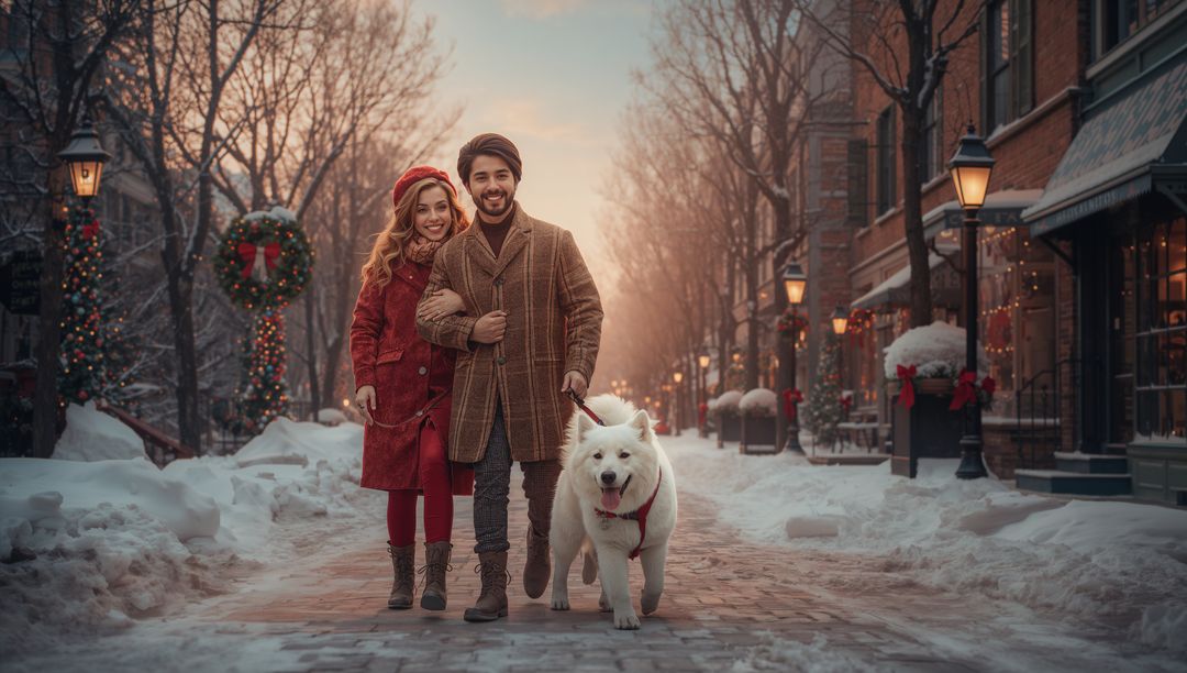 Couple Enjoying Festive Winter Walk with Fluffy White Dog