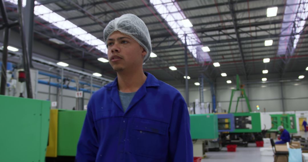 Factory Worker in Protective Hair Net Inspecting Production Line - Free Images, Stock Photos and Pictures on Pikwizard.com