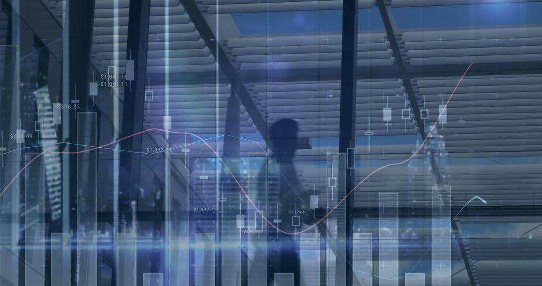 Portrait of Businessman Amidst Data Charts and Transparent Skyscrapers