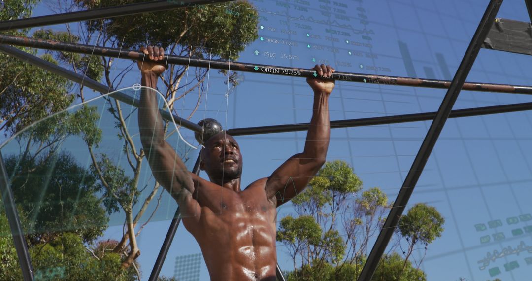Fit Man Exercising Outdoors with Digital Health Data Overlay