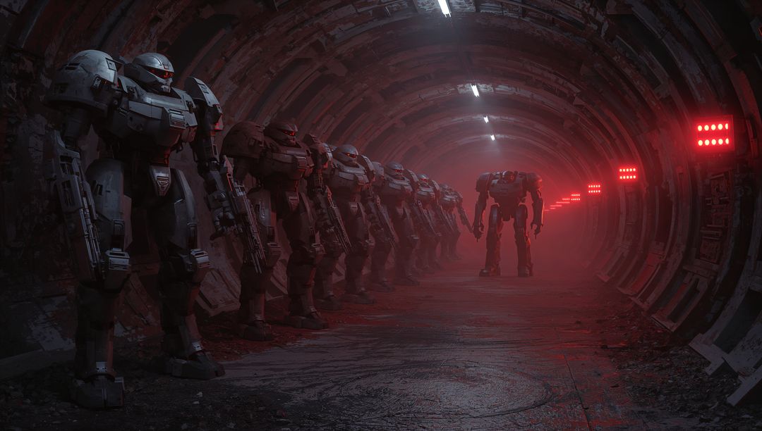 Menacing Humanoid Combat Mech in Dystopian Underground Tunnel