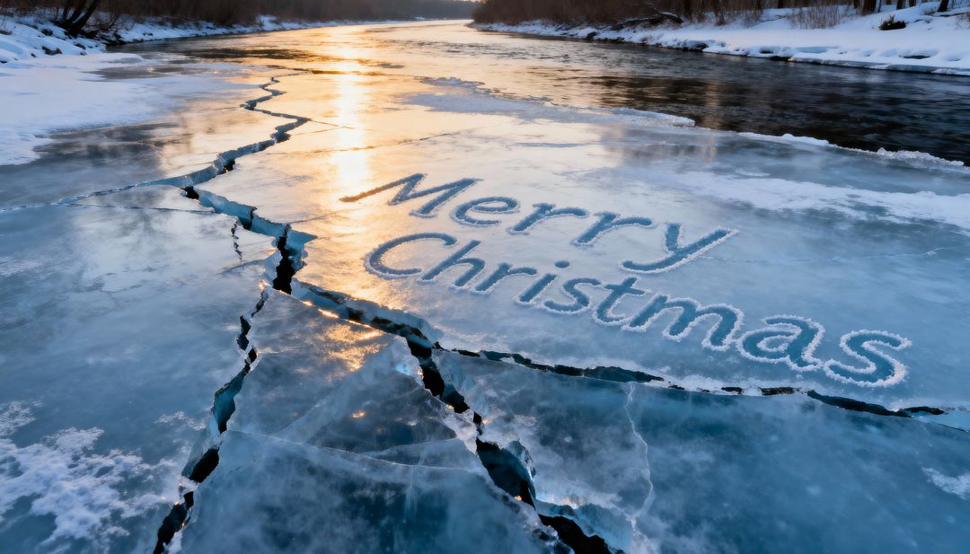 Merry Christmas featuring cracked ice reflecting golden sunset on winter river