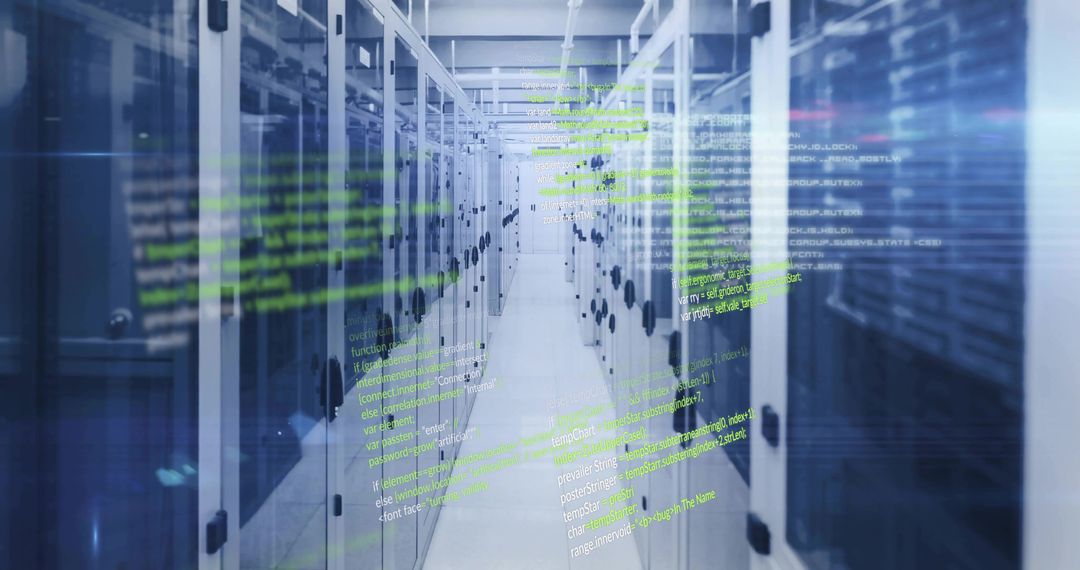 Modern Data Center Corridor with Holographic Code Overlay