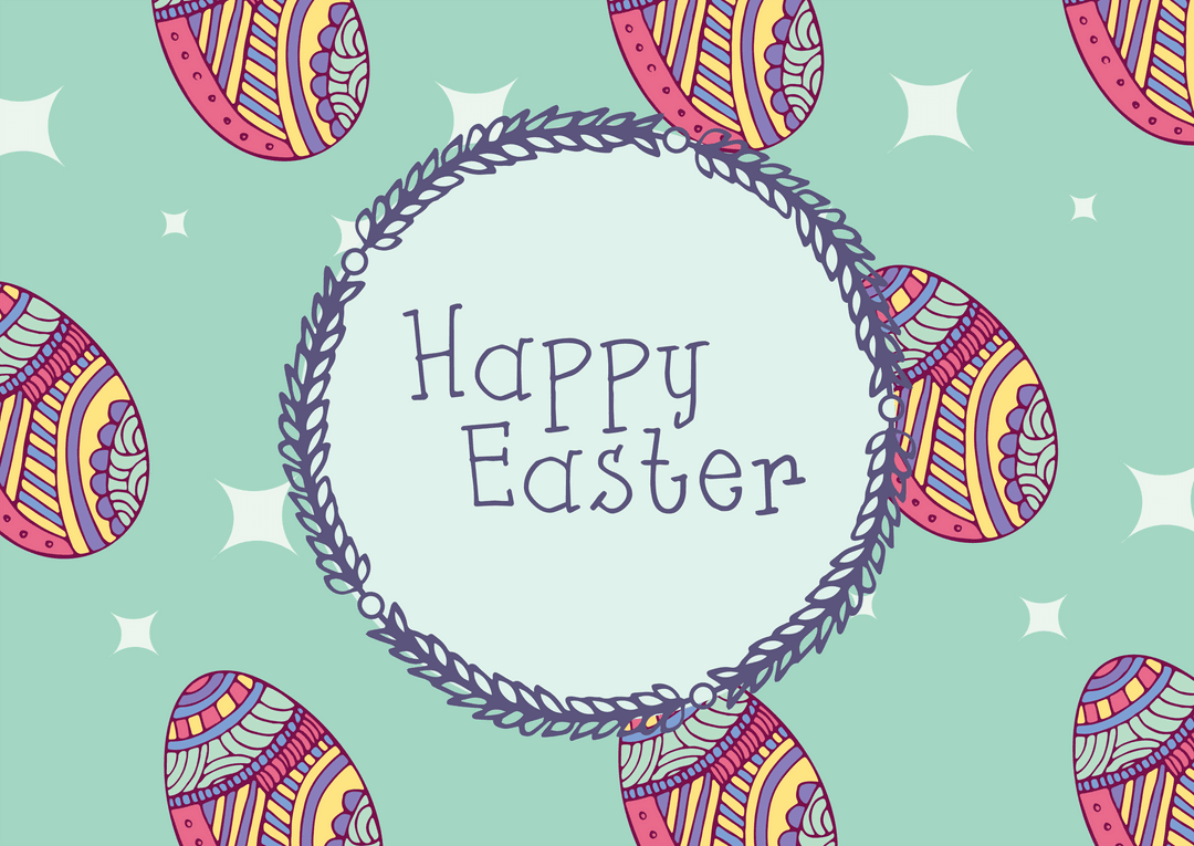 Transparent Happy Easter Celebration with Decorative Eggs and Text