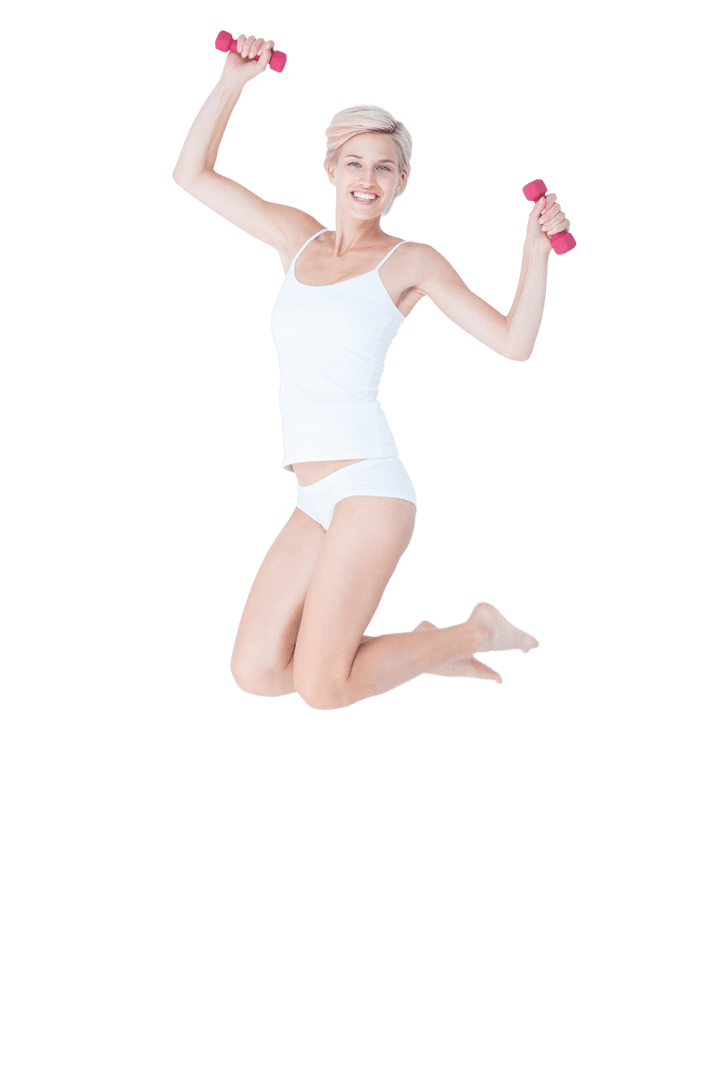 Happy Woman Jumping with Dumbbells on Transparent Background