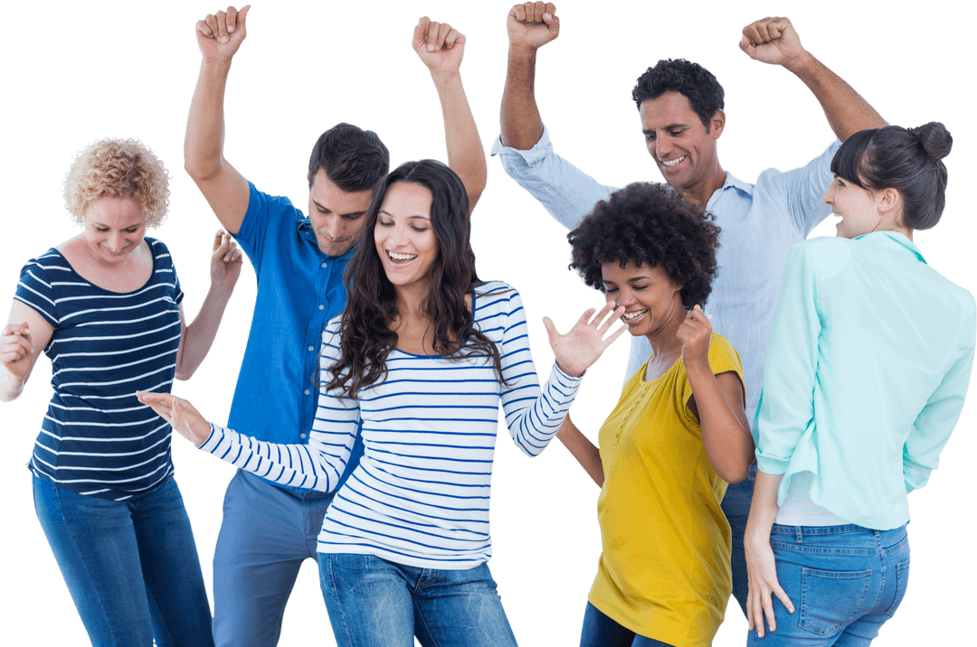 Transparent Group Cheerfully Dancing in Business Casual Attire