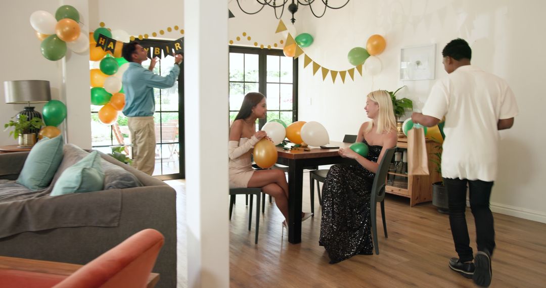 Diverse Friends Setting Up Colorful Birthday Party at Home