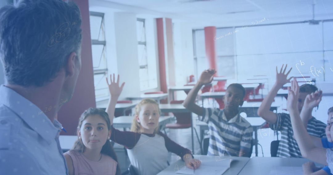 Engaged Students in Classroom with Math Equations Overlay