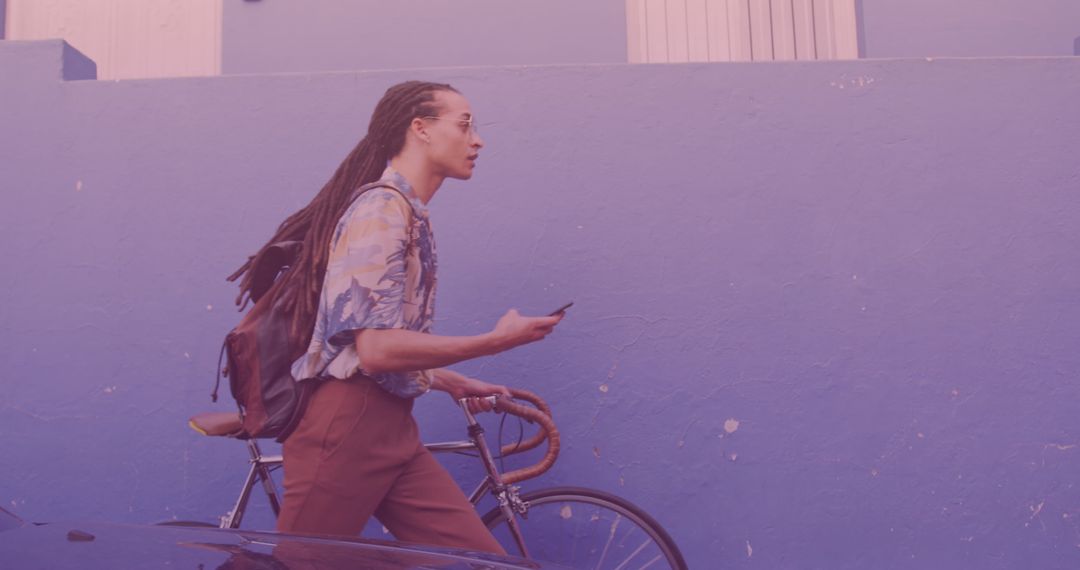 Man Walking with Bicycle Using Smartphone Urban Surreal Pastel