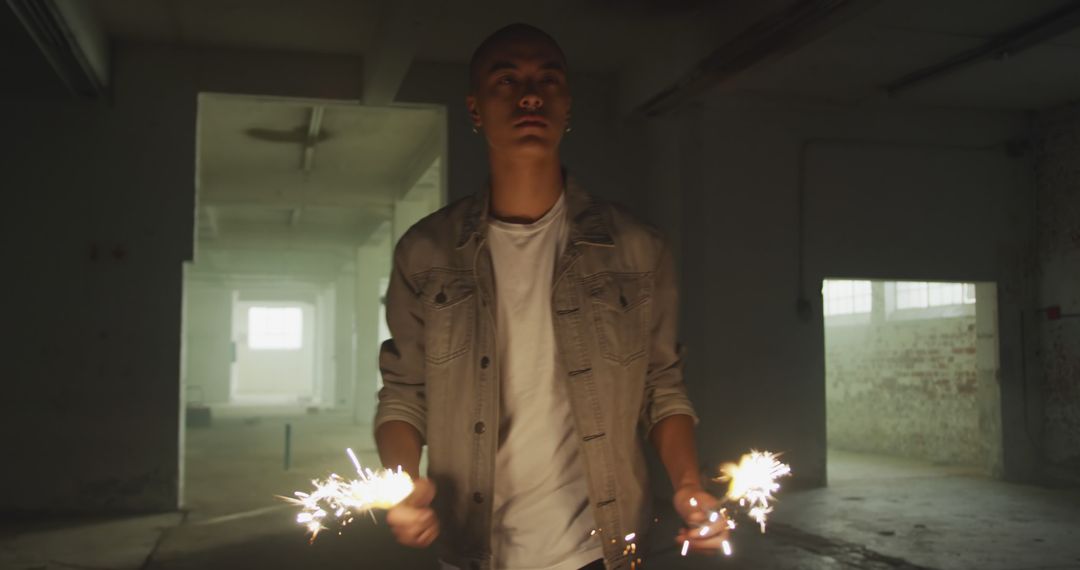 Man Holding Sparklers in Industrial Warehouse Setting - Free Images, Stock Photos and Pictures on Pikwizard.com