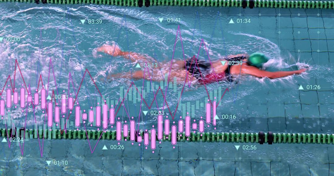 Competitive Swimmer Cutting Through Lane Showing Real-Time Performance Data and Analytics