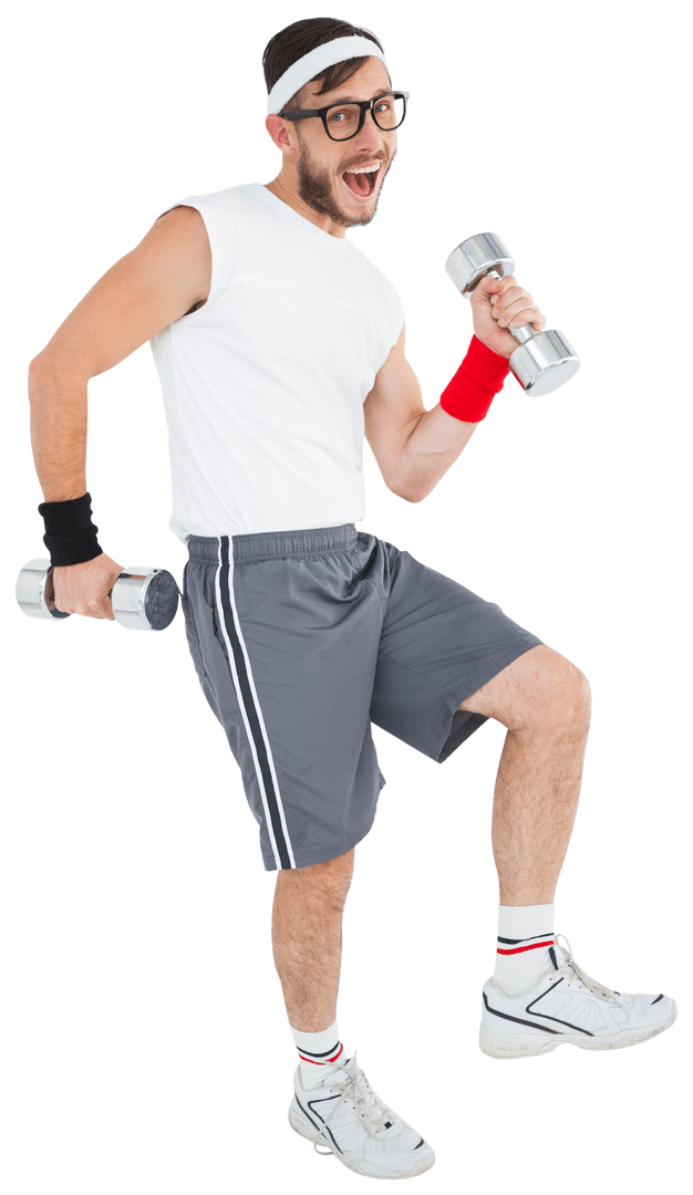 Funny Man Exercising with Dumbbells Transparent Background