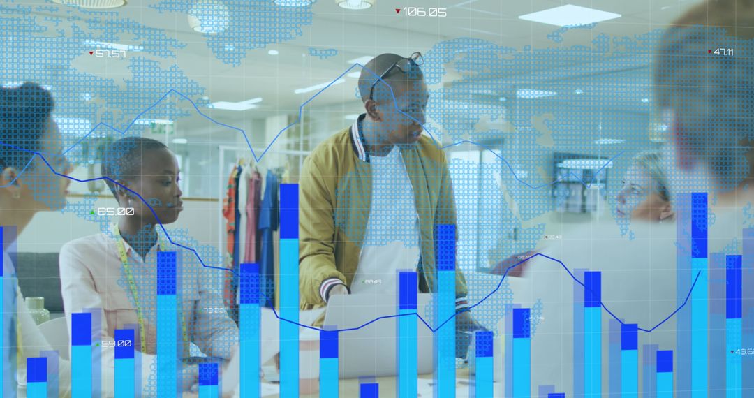 Diverse Team Discussing Global Data Analytics in Modern Office