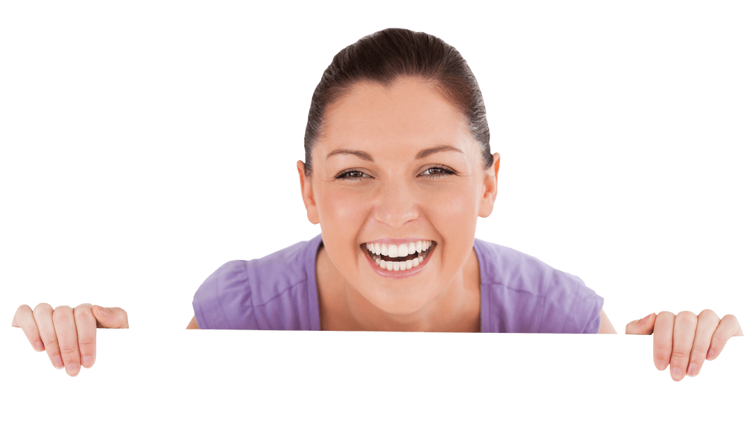 Smiling Woman Holding Blank Transparent Card for Message