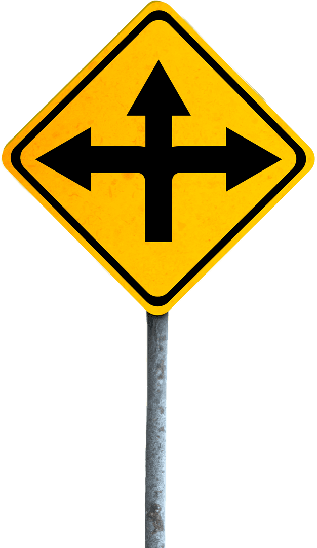 Yellow Traffic Sign with Three-Way Arrows on Transparent Background