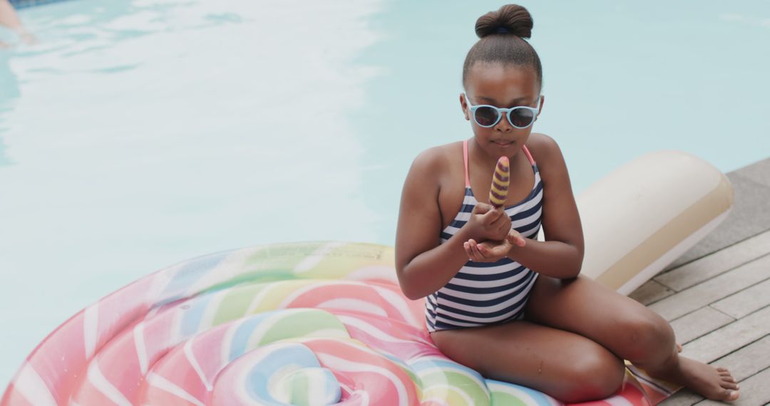 Girl Enjoying Ice Cream Beside Poolside on Sunny Day - Free Images, Stock Photos and Pictures on Pikwizard.com