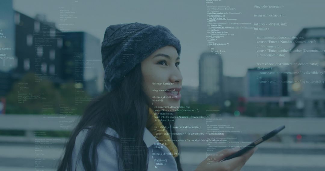 Young Woman Using Tablet with Code Overlay by Urban Waterfront