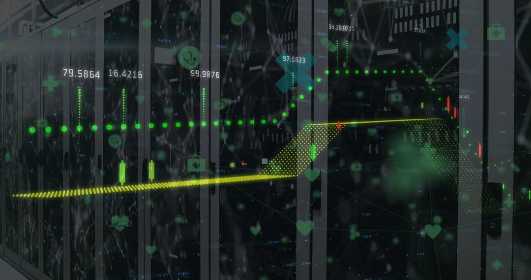 Digital Interface Over Server Room with Financial Graphs