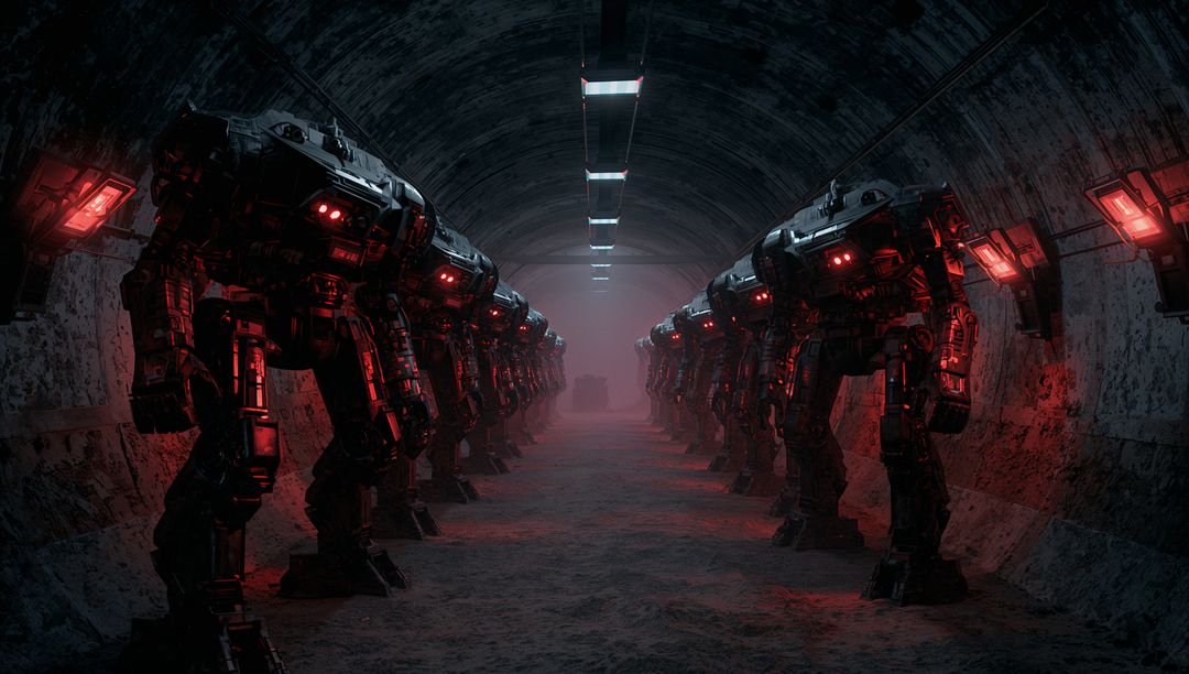 Futuristic Combat Robots Marching in Underground Tunnel