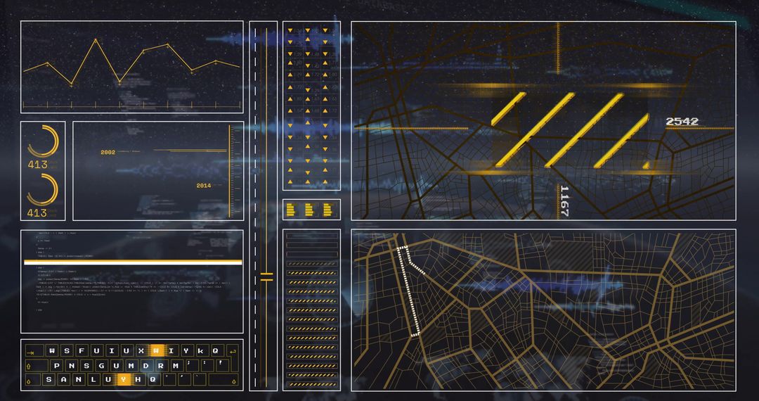 Futuristic Digital Interface with Data and Geometric Graphics