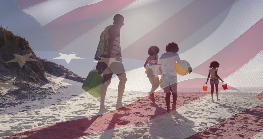 Family Vacation at Beach with American Flag Overlay - Free Images, Stock Photos and Pictures on Pikwizard.com