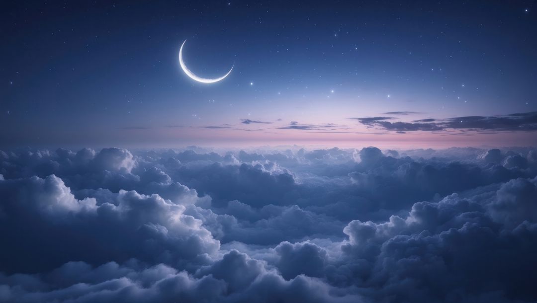 Crescent Moon and Starry Sky Above Majestic Clouds at Twilight