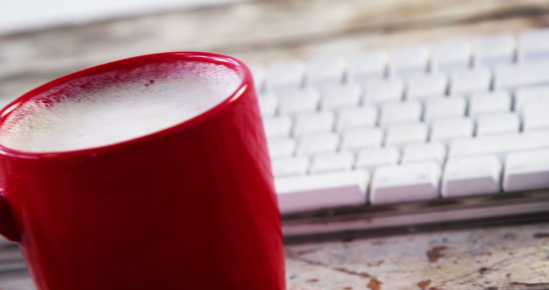 A red mug with a frothy drink by a keyboard implies a cozy work or study setting. - Free Images, Stock Photos and Pictures on Pikwizard.com