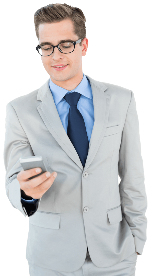 Transparent Businessman Texting on Smartphone in Suit
