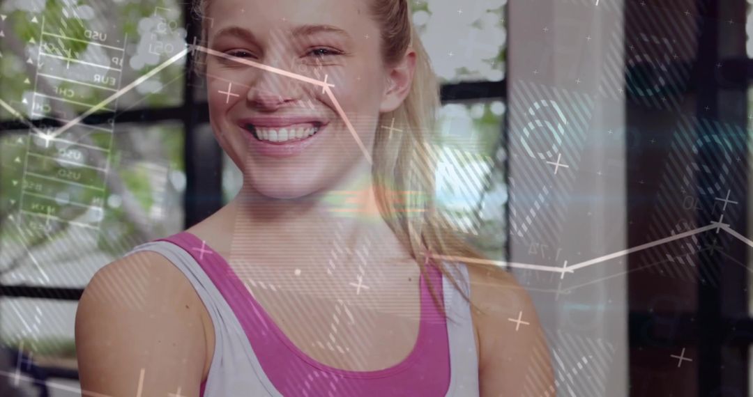 Smiling Woman in Fitness Wear Surrounded by Digital Metrics Overlay