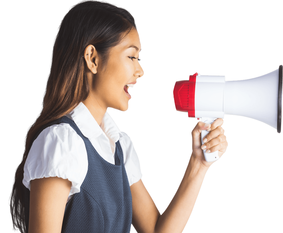 Confident Businesswoman with Transparent Background Holding Megaphone