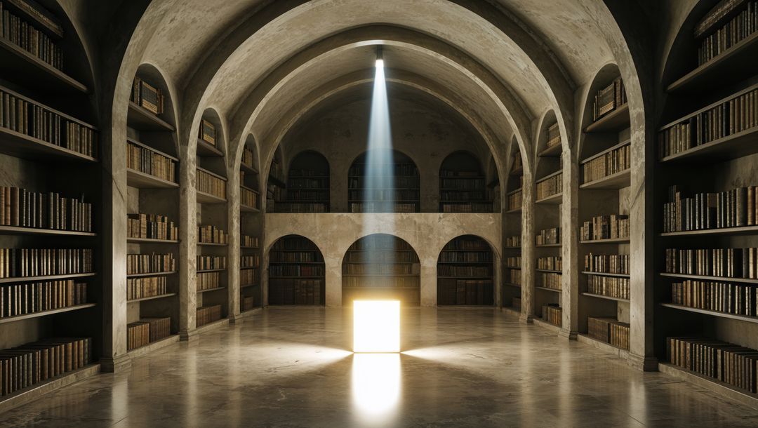 Glow Cube Illuminating Grand Library Hall with Arched Vaults