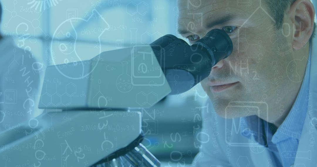 Male Scientist Utilizing Microscope with Chemistry Data Overlay