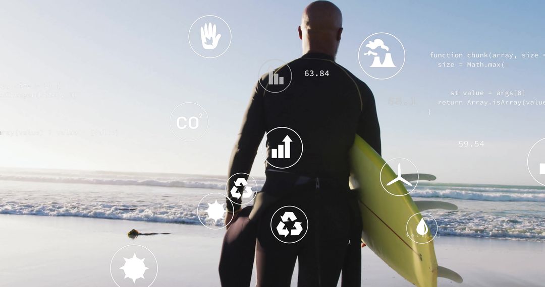 Surfer Holding Yellow Surfboard with Eco Data Icons on Beach