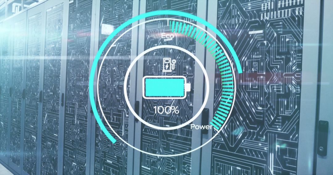 Battery Charge Icon Over Data Servers Indicating Efficiency