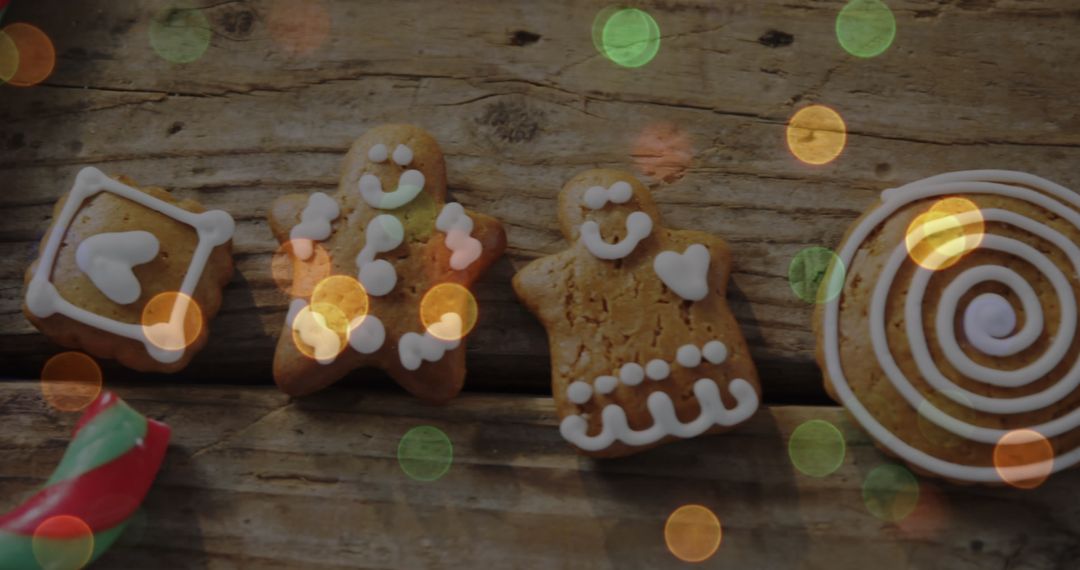 Festive Gingerbread Cookies with Colorful Lights Overlay