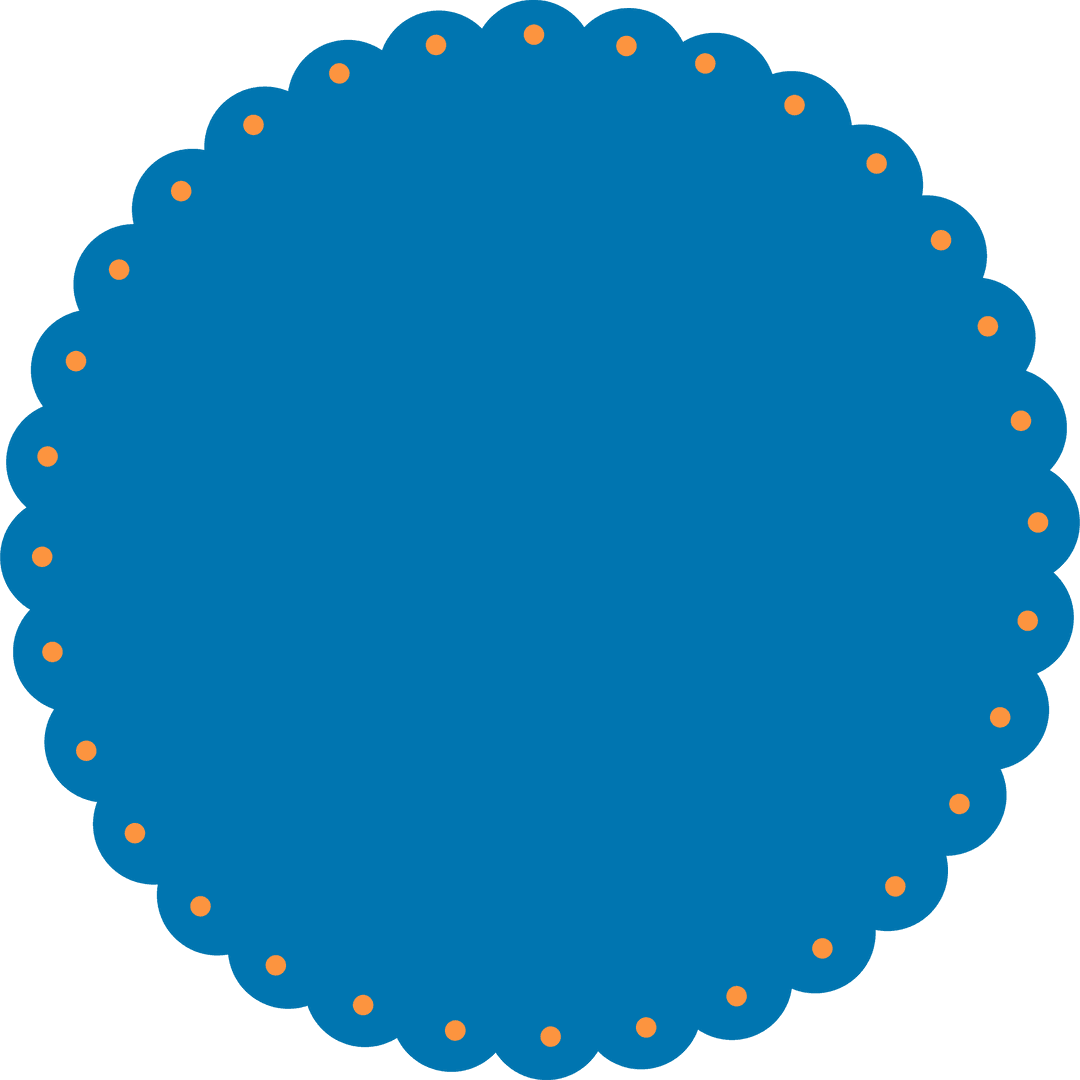 Blue Scalloped-Edge Badge with Orange Dots on Transparent Background