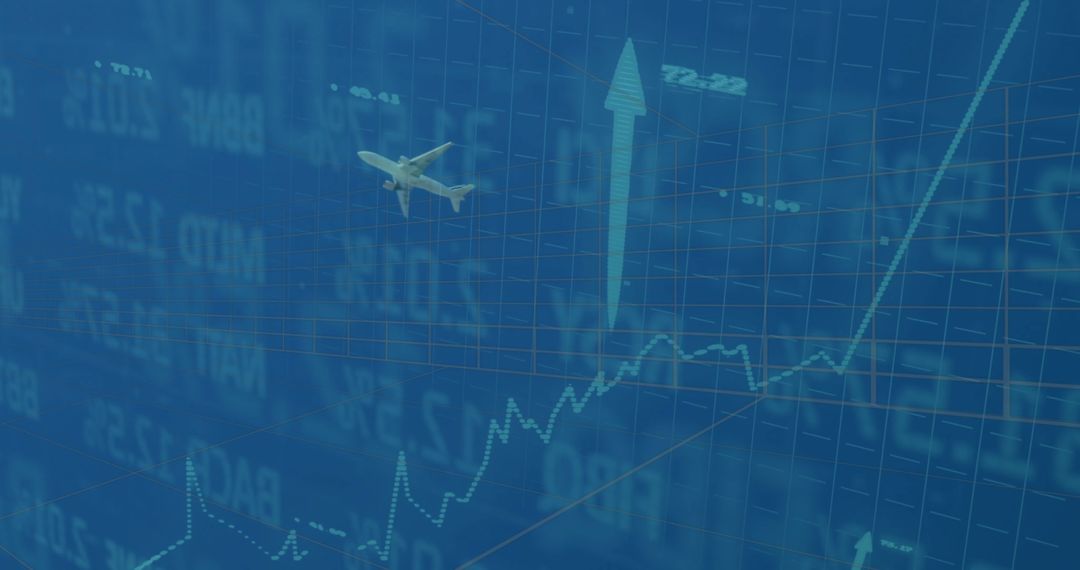 Airplane Rising Amidst Upward Stock Market Blockchain Background