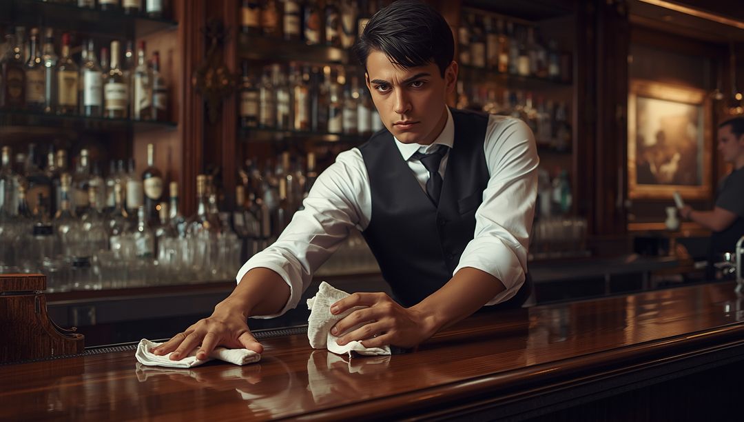 Bartender in Upscale Venue Cleaning Bar Counter with Focused Precision